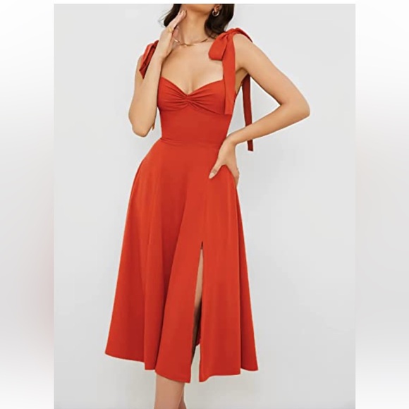 ✨NEW - Sweetheart Neckline Tie Strap Slit Sleeveless Midi Party Cocktail Dress - Picture 1 of 12